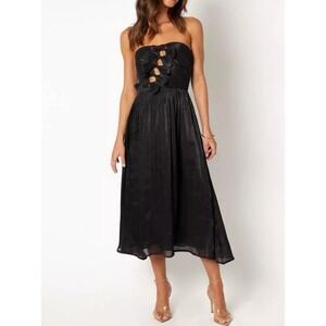 Petal Pup Mila Strapless Midi Dress Black Ruched Size Medium Bows Detail Party
